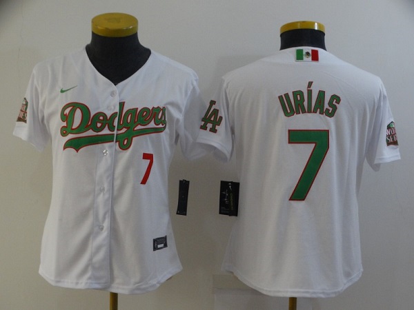 Women's Los Angeles Dodgers #7 Julio Urias White Green 2020 World Series Stitched MLB Jersey(Run Small)